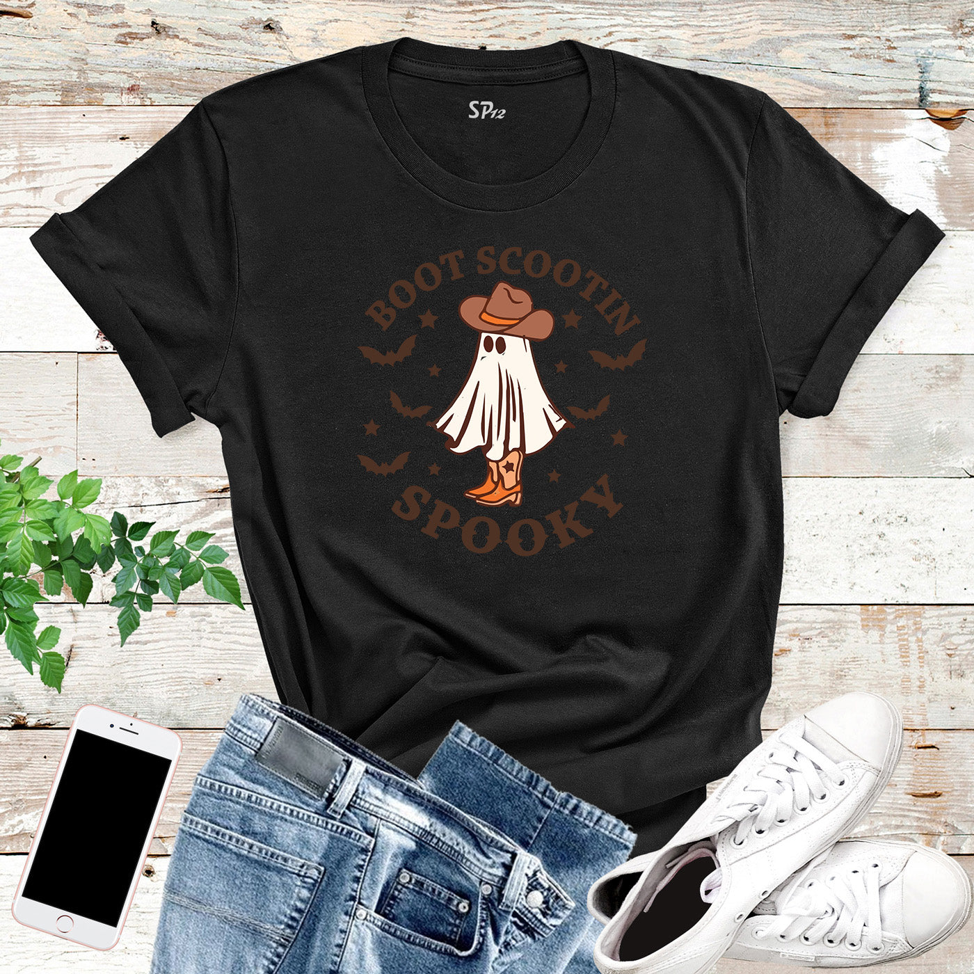 Boot Scootin Spooky Retro Halloween Western Ghost Graphic T-Shirt