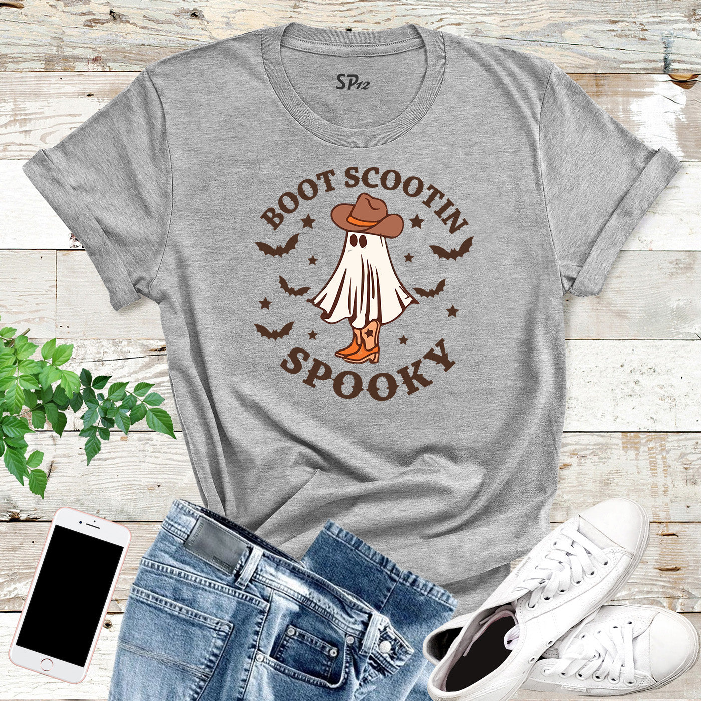 Boot Scootin Spooky Retro Halloween Western Ghost Graphic T-Shirt