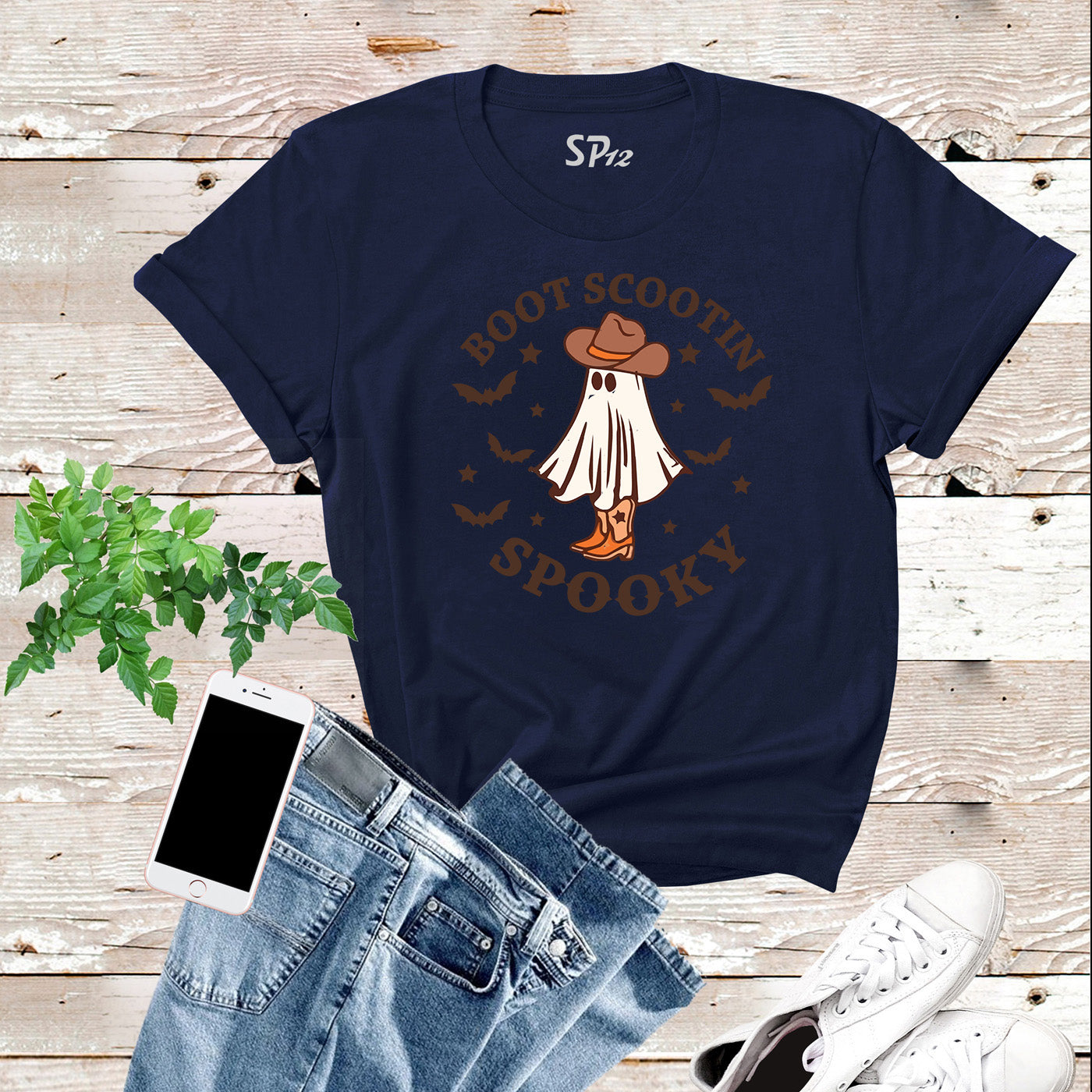 Boot Scootin Spooky Retro Halloween Western Ghost Graphic T-Shirt