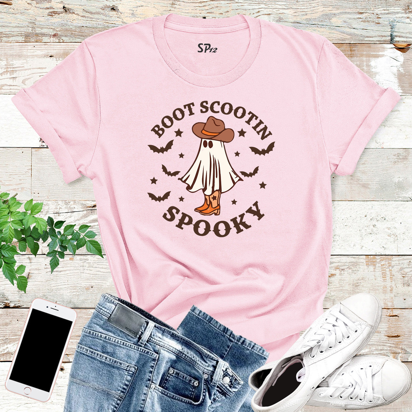 Boot Scootin Spooky Retro Halloween Western Ghost Graphic T-Shirt