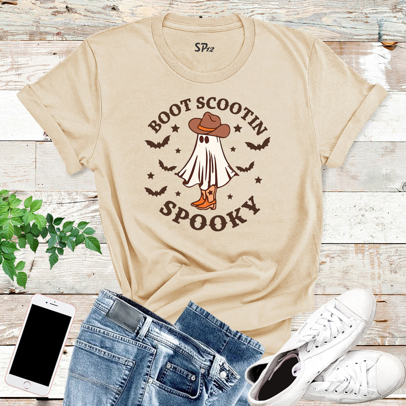 Boot Scootin Spooky Retro Halloween Western Ghost Graphic T-Shirt