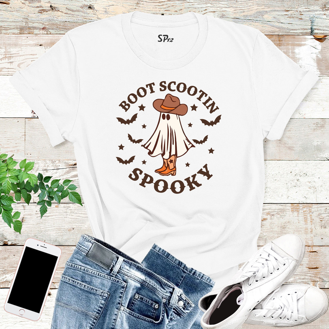 Boot Scootin Spooky Retro Halloween Western Ghost Graphic T-Shirt