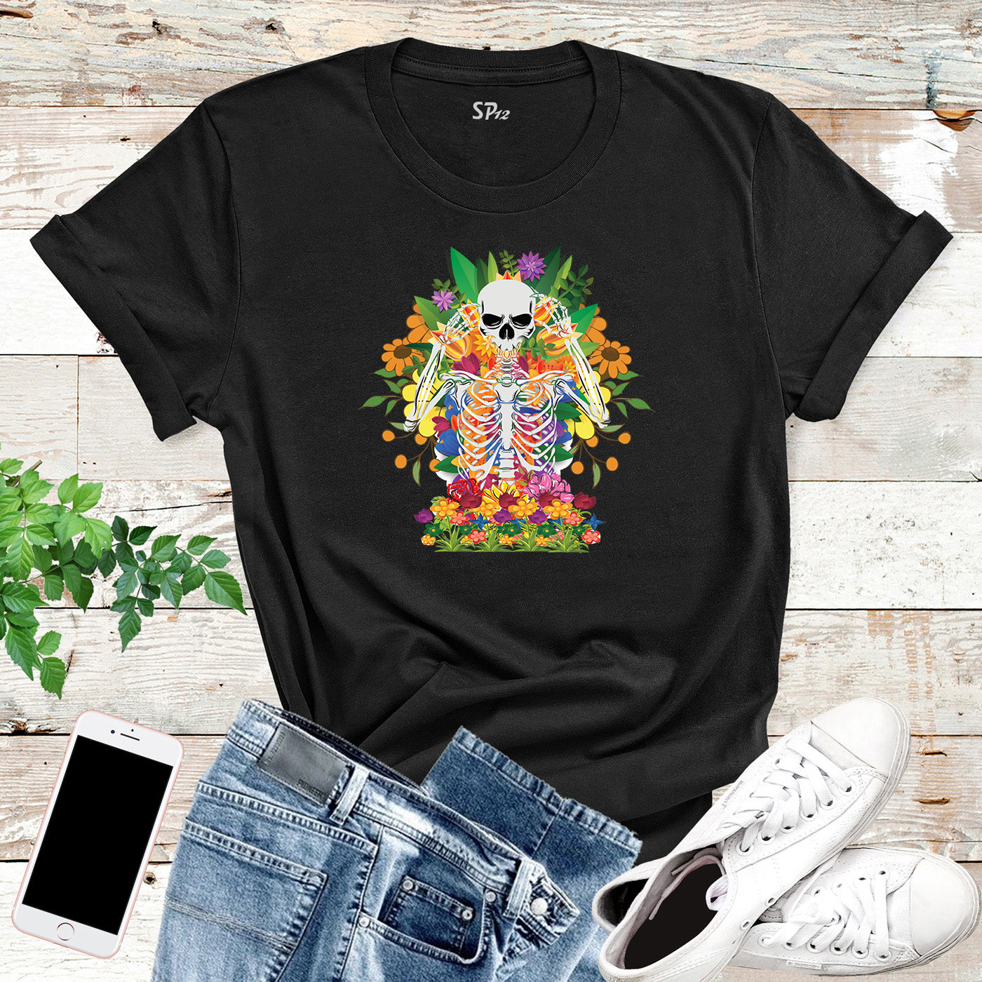 Floral Flower Skeleton Custom Botanical Halloween Graphic T-Shirts