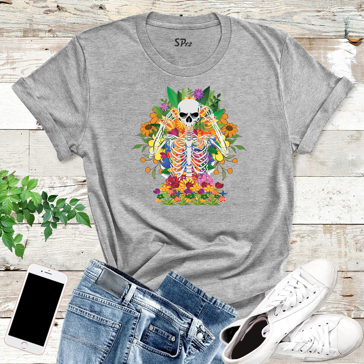 Floral Flower Skeleton Custom Botanical Halloween Graphic T-Shirts