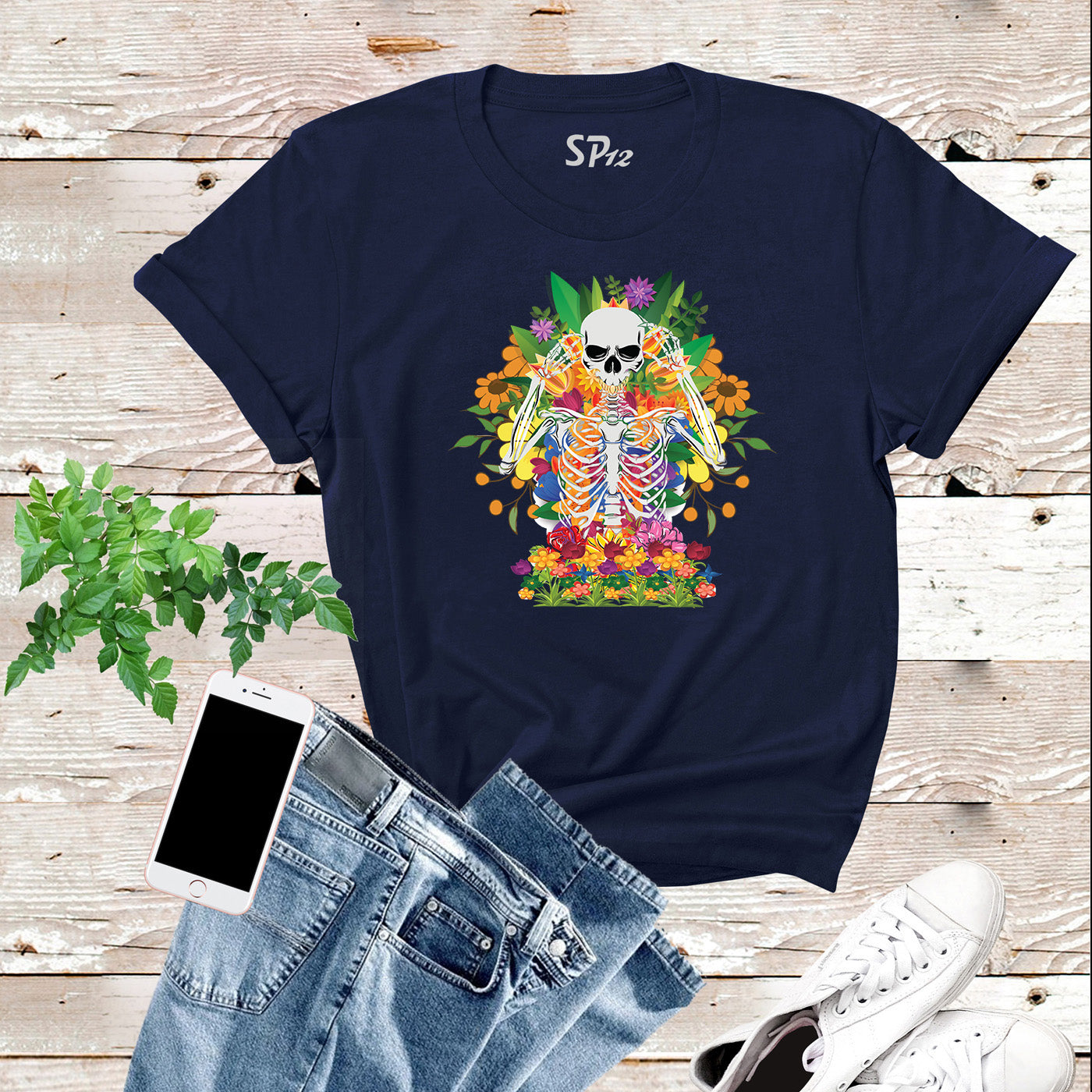 Floral Flower Skeleton Custom Botanical Halloween Graphic T-Shirts