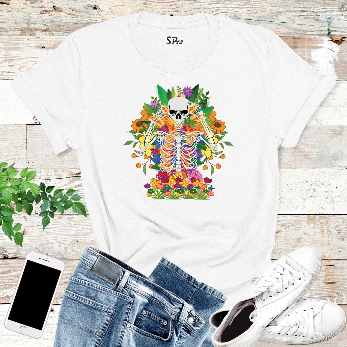 Floral Flower Skeleton Custom Botanical Halloween Graphic T-Shirts