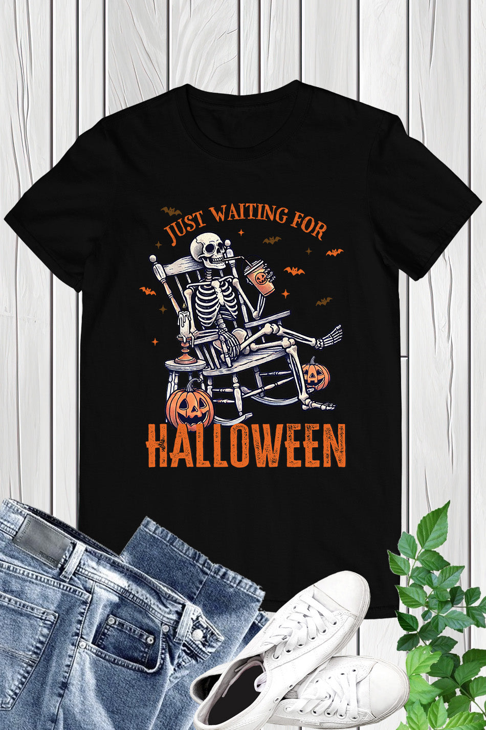 Just Waiting for Halloween Skeleton Funny Shirt