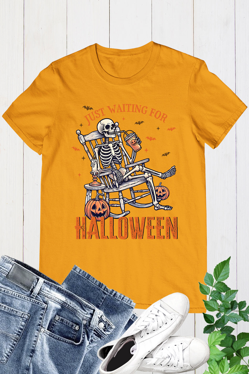 Just Waiting for Halloween Skeleton Funny Shirt