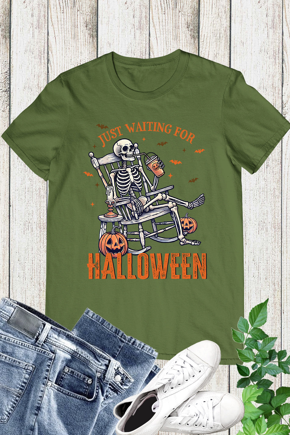 Just Waiting for Halloween Skeleton Funny Shirt