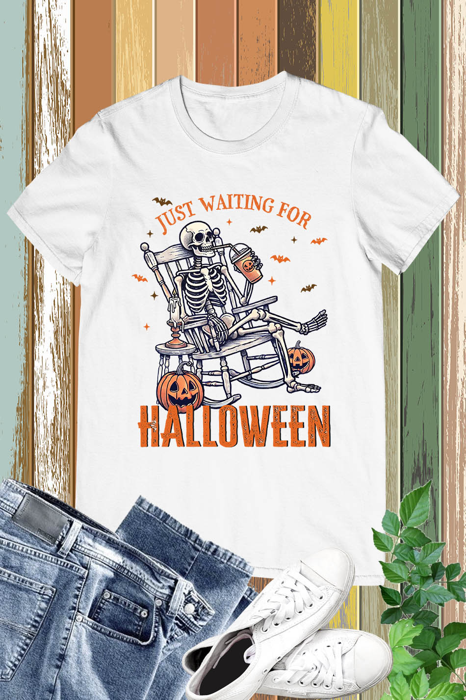 Just Waiting for Halloween Skeleton Funny Shirt