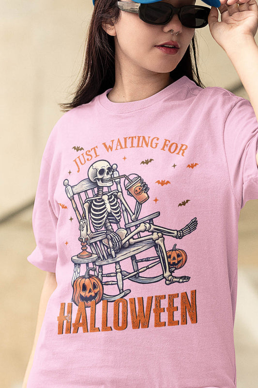 Just Waiting for Halloween Skeleton Funny Shirt