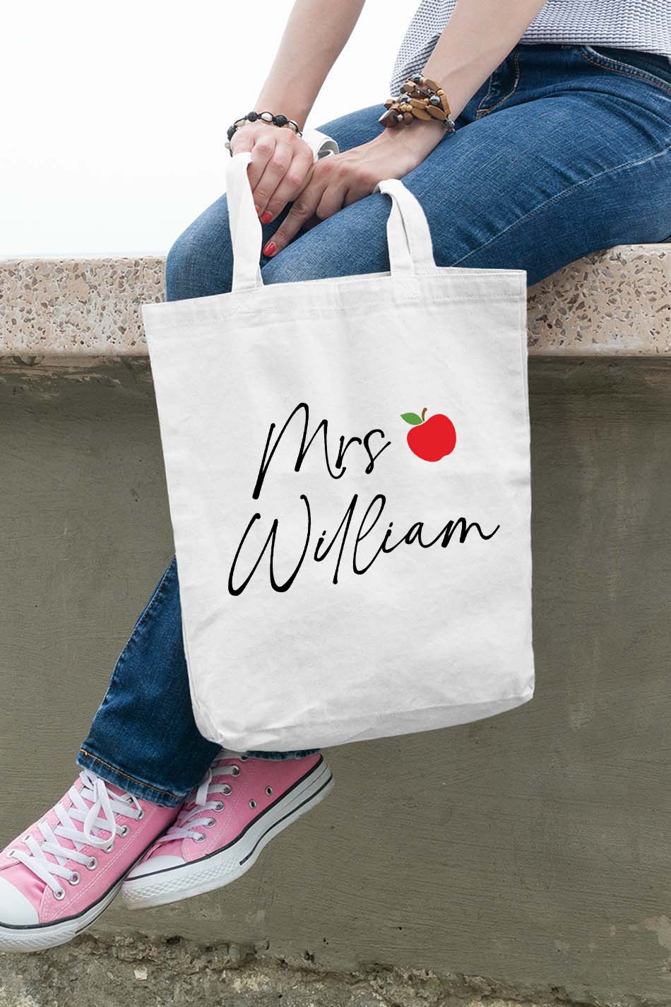 Personalized Teacher Name Tote Bag Apple