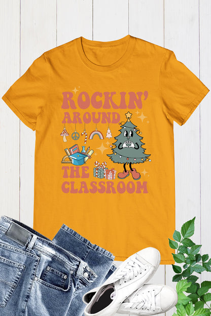 Rockin Around The Classroom Retro Teacher Christmas Shirt