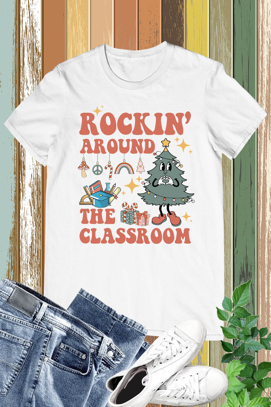 Rockin Around The Classroom Retro Teacher Christmas Shirt