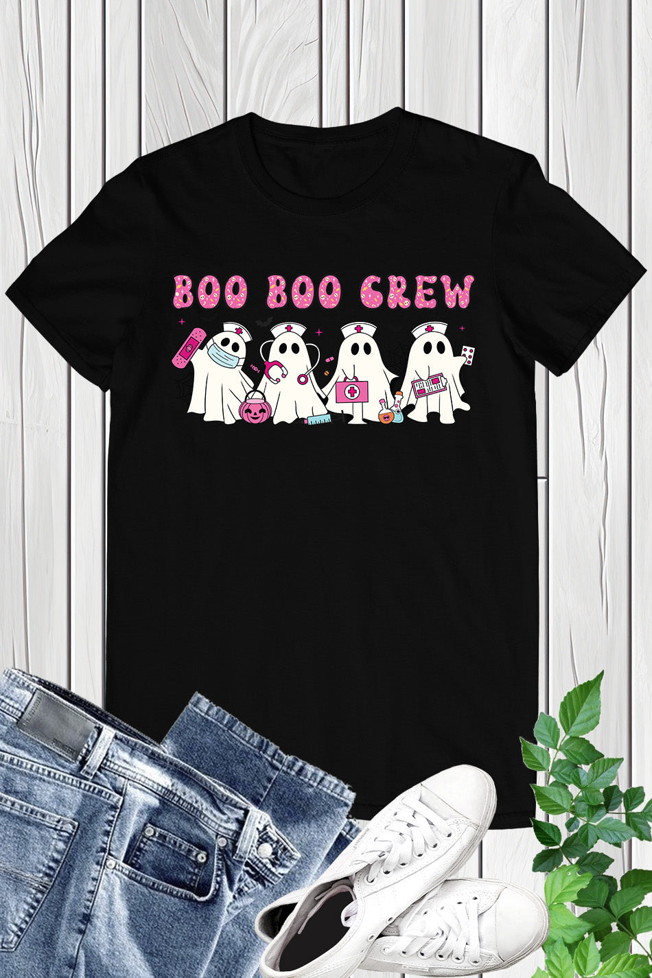 Pink Halloween Nurse Ghost Boo Boo Crew Shirt