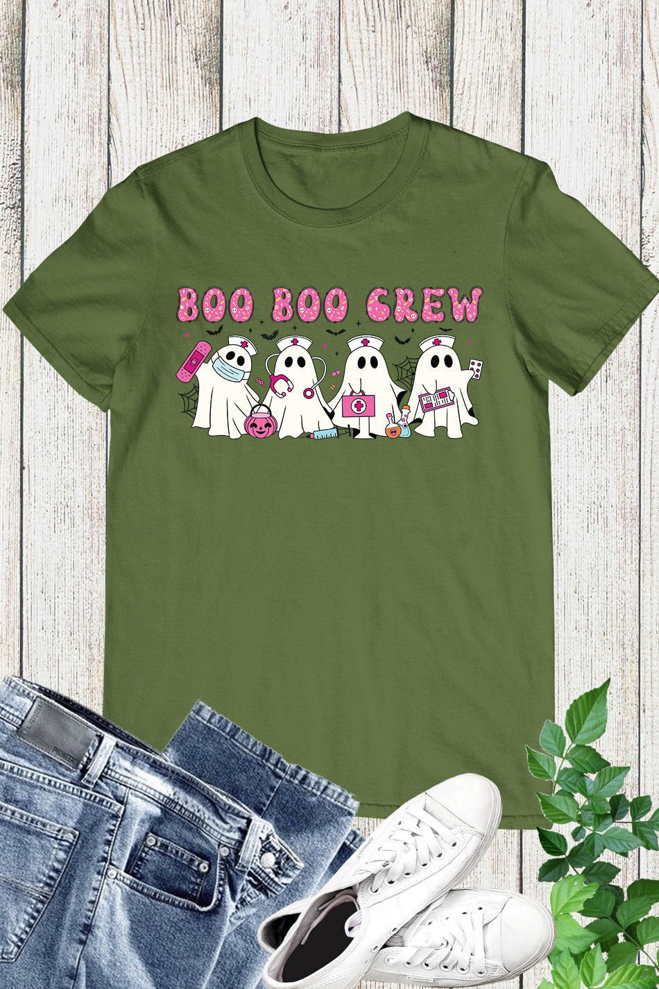 Pink Halloween Nurse Ghost Boo Boo Crew Shirt