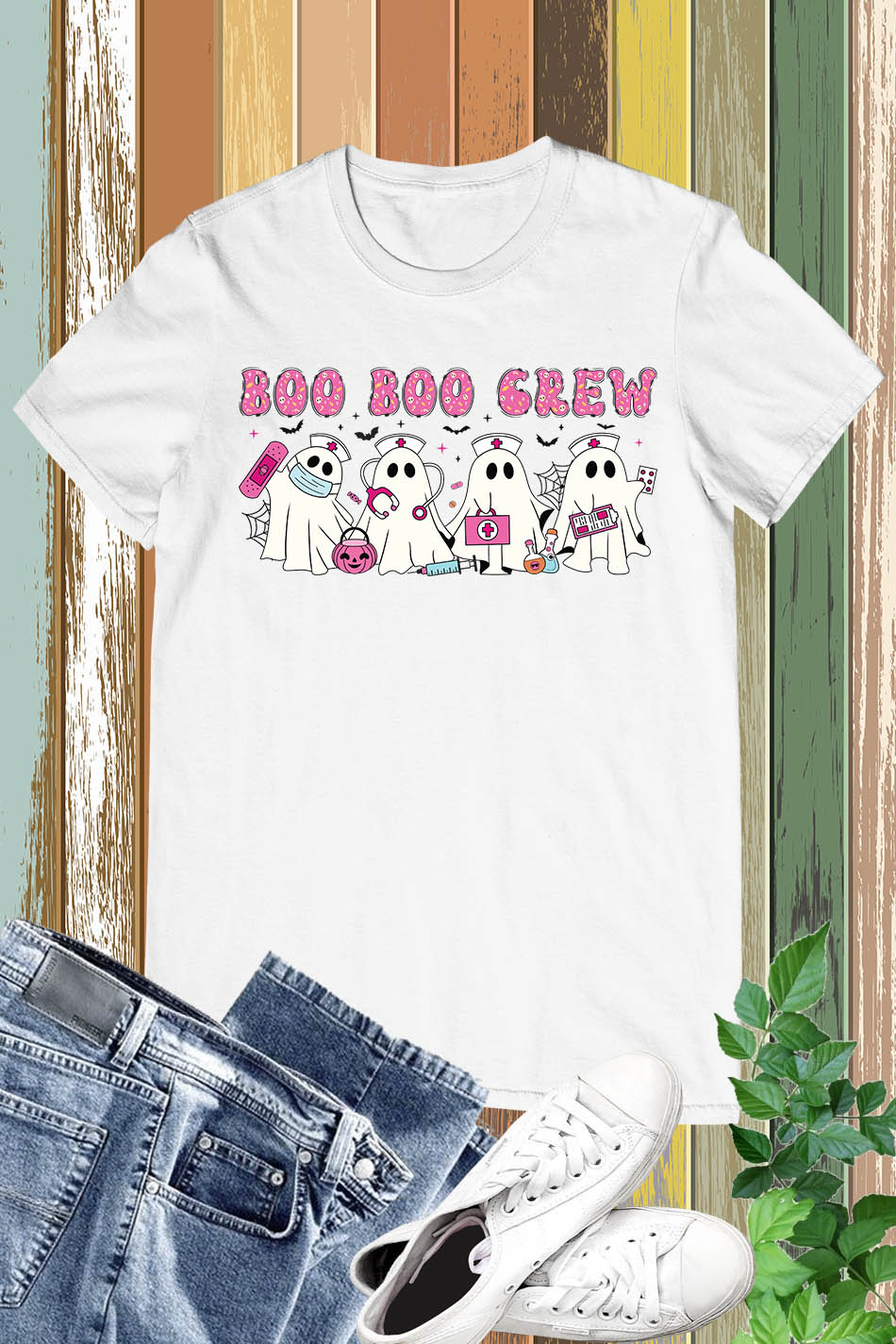 Pink Halloween Nurse Ghost Boo Boo Crew Shirt