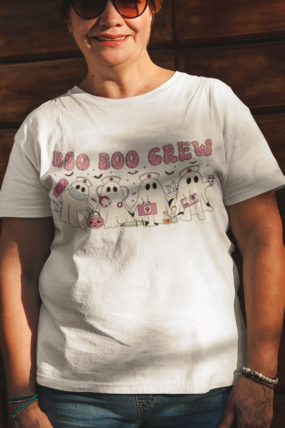 Pink Halloween Nurse Ghost Boo Boo Crew Shirt