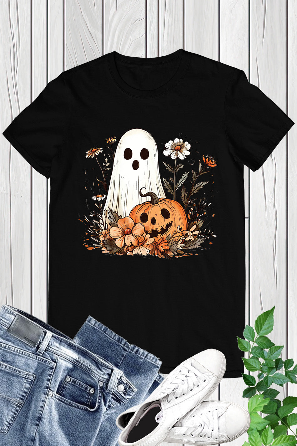 Ghost Pumpkin Fall Floral Halloween Shirt