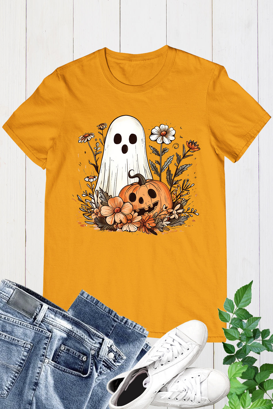 Ghost Pumpkin Fall Floral Halloween Shirt