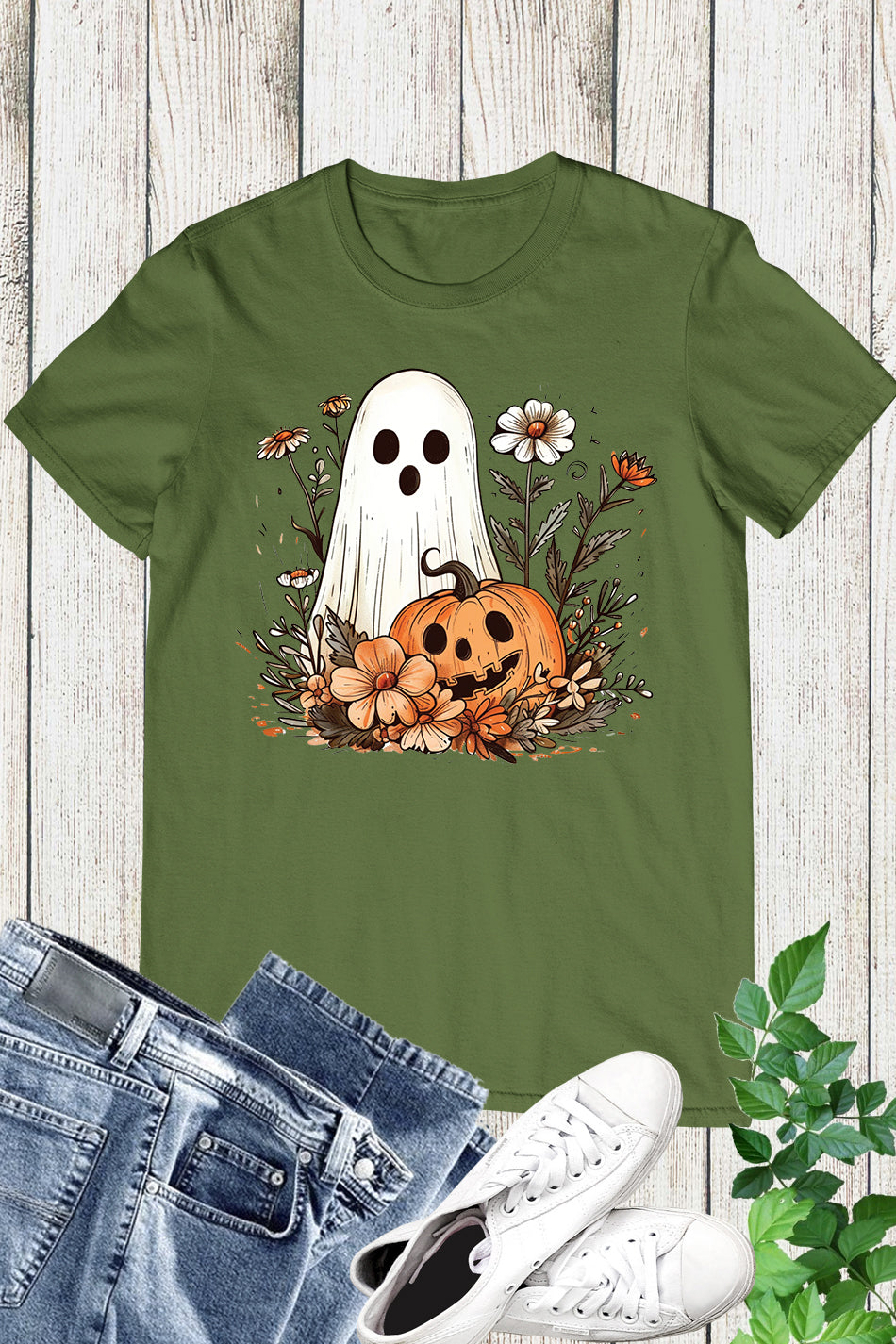 Ghost Pumpkin Fall Floral Halloween Shirt