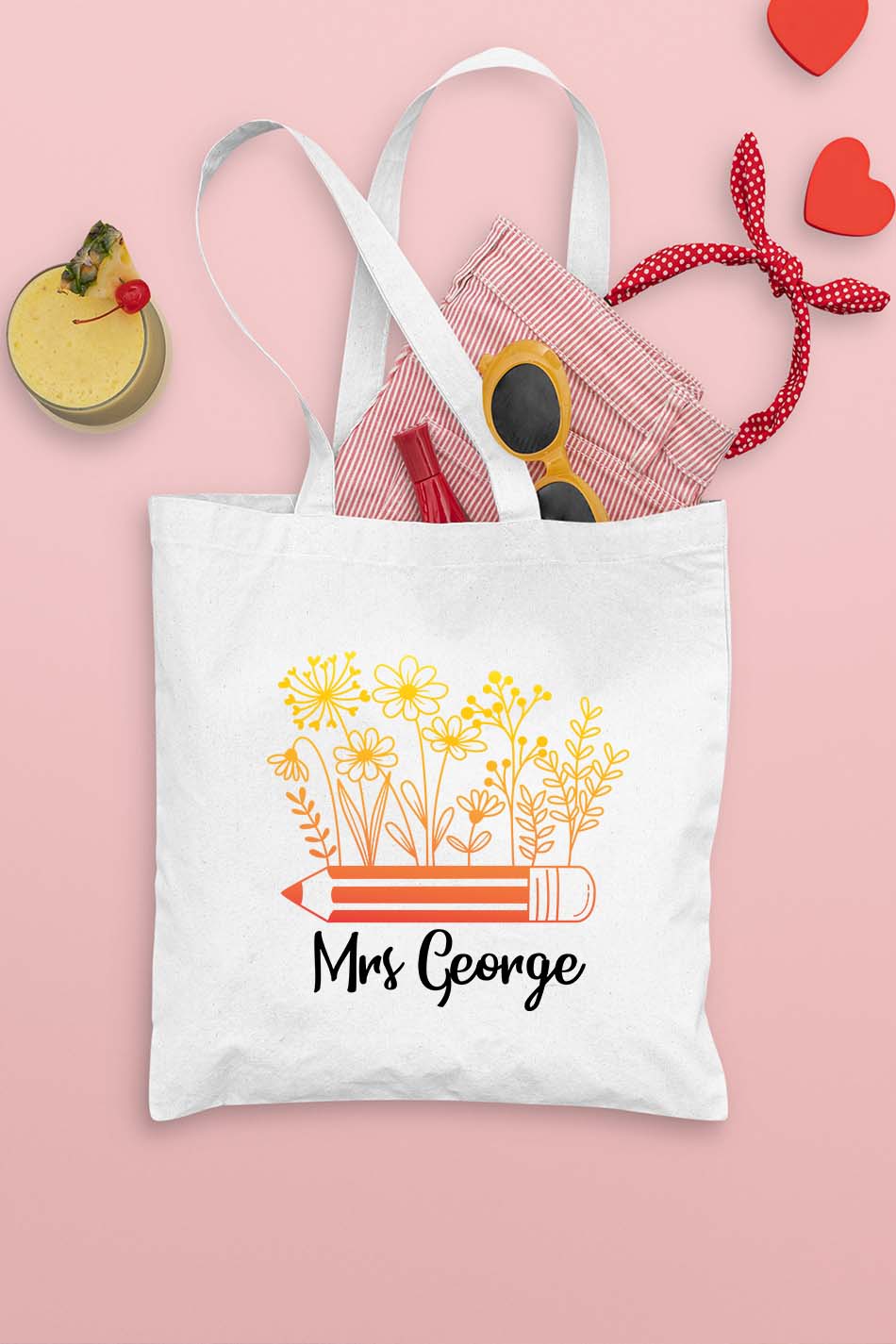 Pencil Floral Colorful Teacher Tote Bag