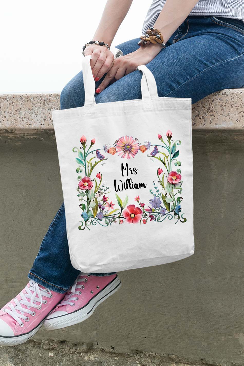 Custom Teacher Tote Bag with flower wreath