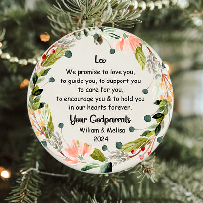 Personalized Godparents Ornament -Christening Baptism Ornament Keepsake in Green Floral Wreath