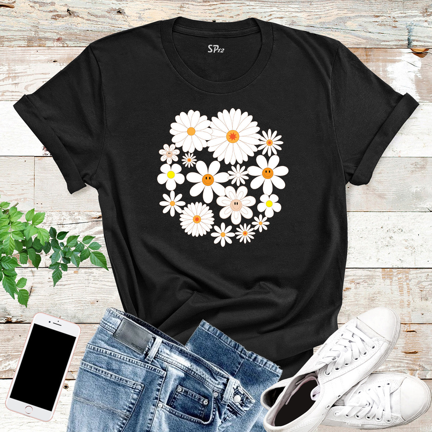 Retro Happy Flowers Smile Face Aesthetic Vintage Custom Boho T-Shirts