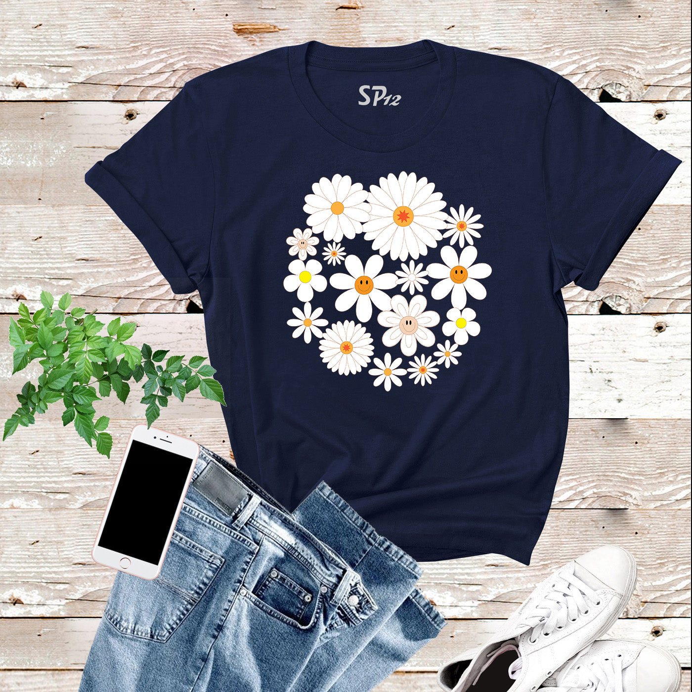 Retro Happy Flowers Smile Face Aesthetic Vintage Custom Boho T-Shirts