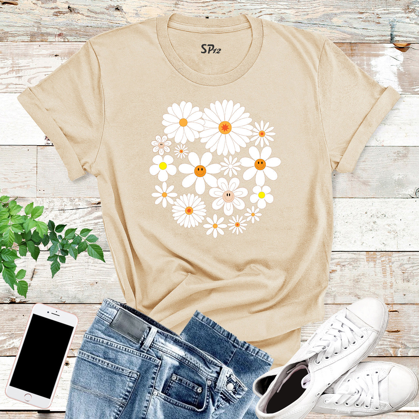 Retro Happy Flowers Smile Face Aesthetic Vintage Custom Boho T-Shirts