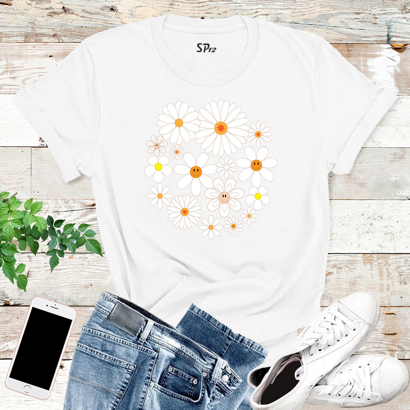 Retro Happy Flowers Smile Face Aesthetic Vintage Custom Boho T-Shirts