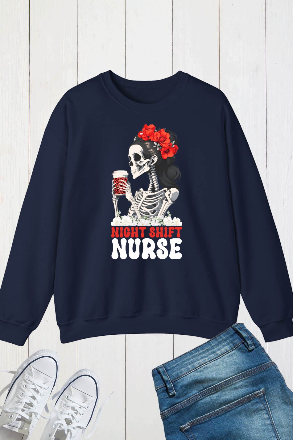 Night Shift Nurse Squad Skeleton Coffee Sweatshirt