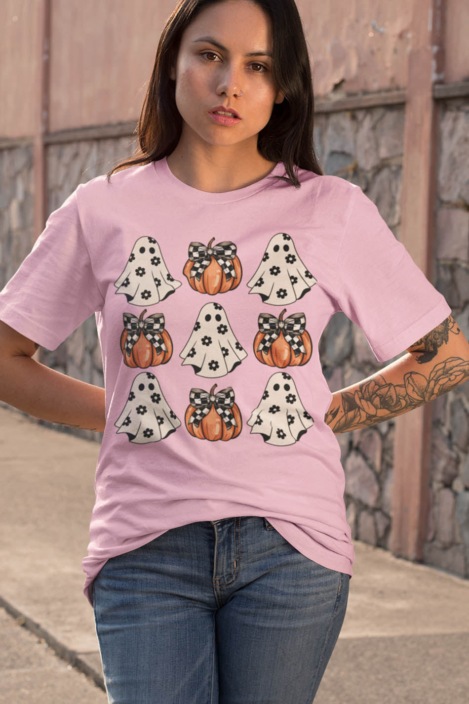 Halloween Ghost Pumpkin Coquette Bow Shirt