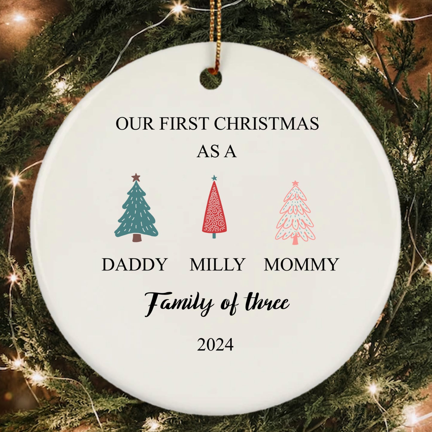 Family of Three Personalized Christmas Ornament