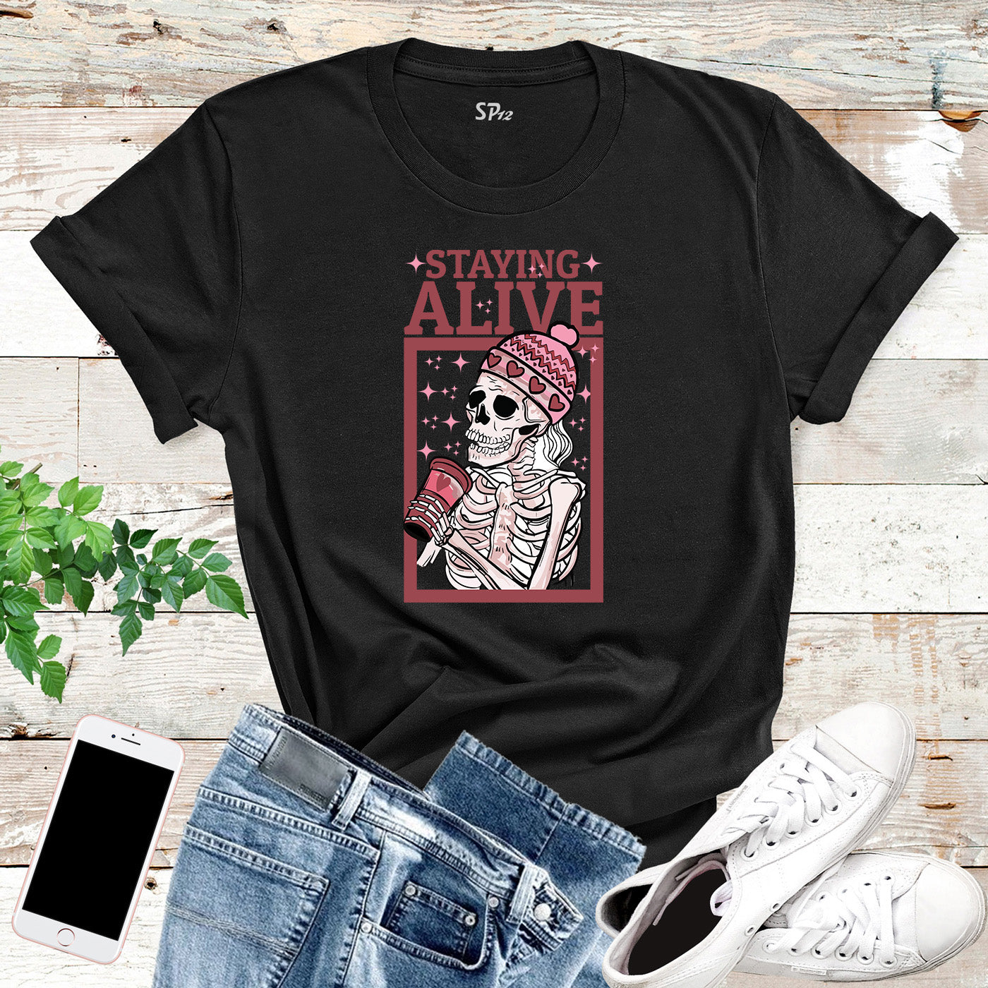 Staying Alive Coffee Lovers Funny Skeleton Custom Skull Womens T-Shirt