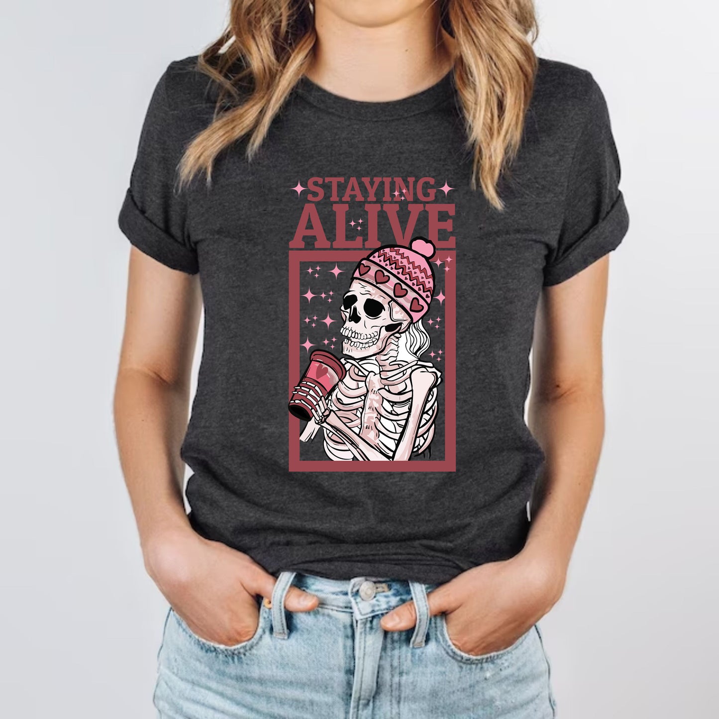 Staying Alive Coffee Lovers Funny Skeleton Custom Skull Womens T-Shirt