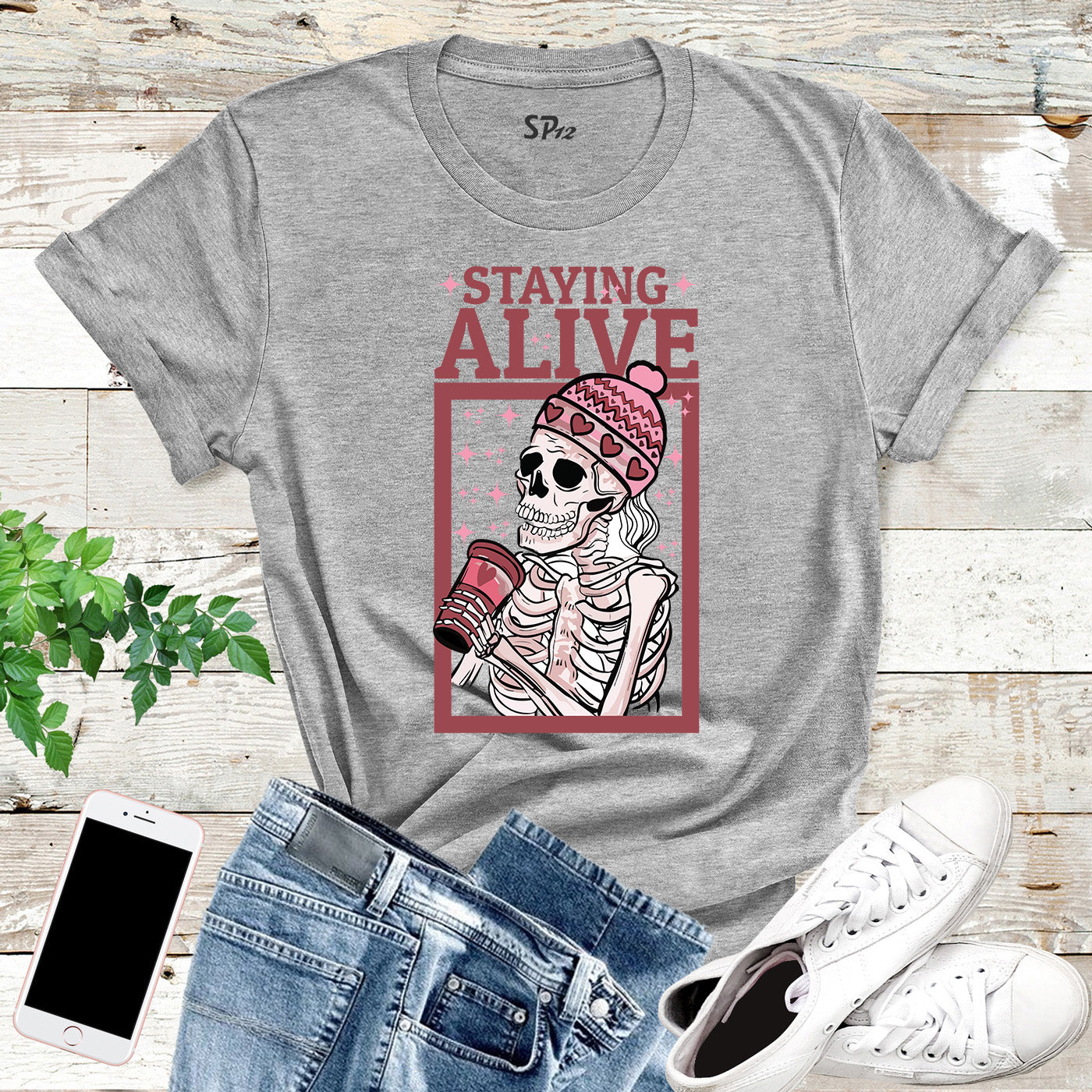 Staying Alive Coffee Lovers Funny Skeleton Custom Skull Womens T-Shirt