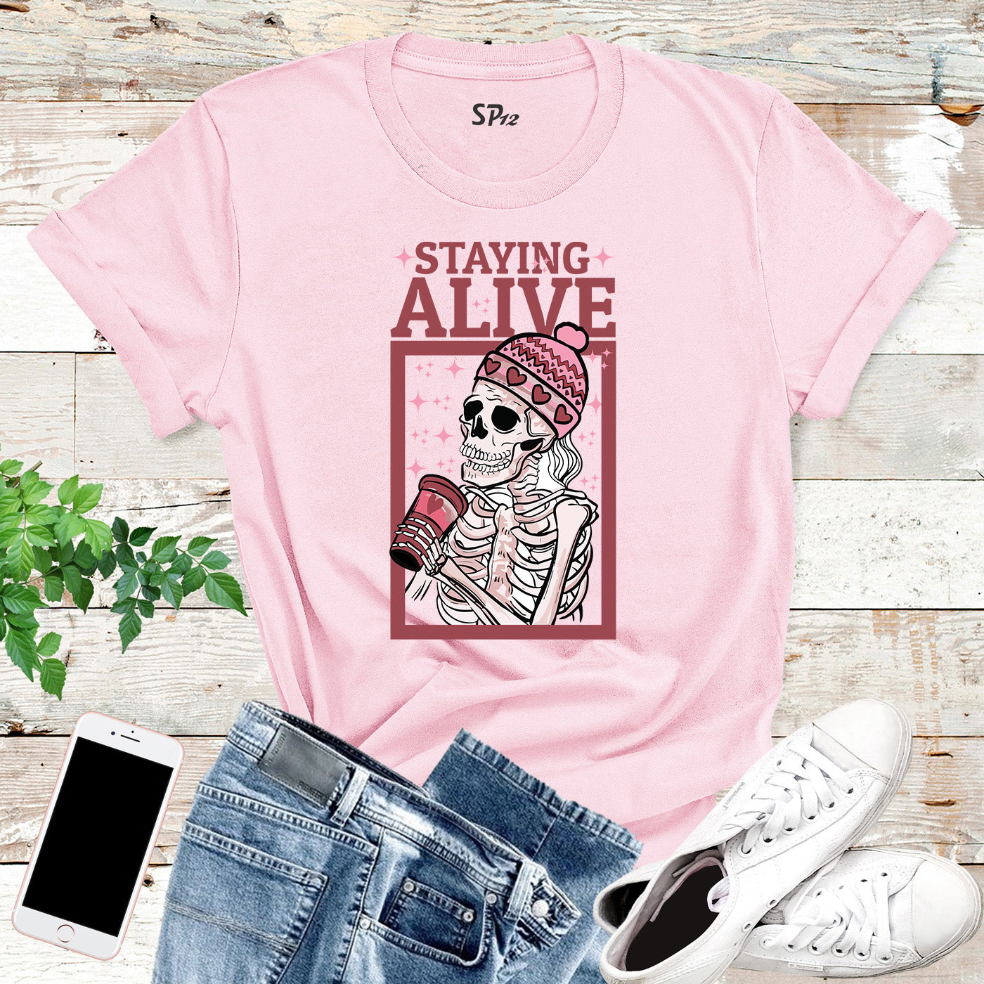 Staying Alive Coffee Lovers Funny Skeleton Custom Skull Womens T-Shirt