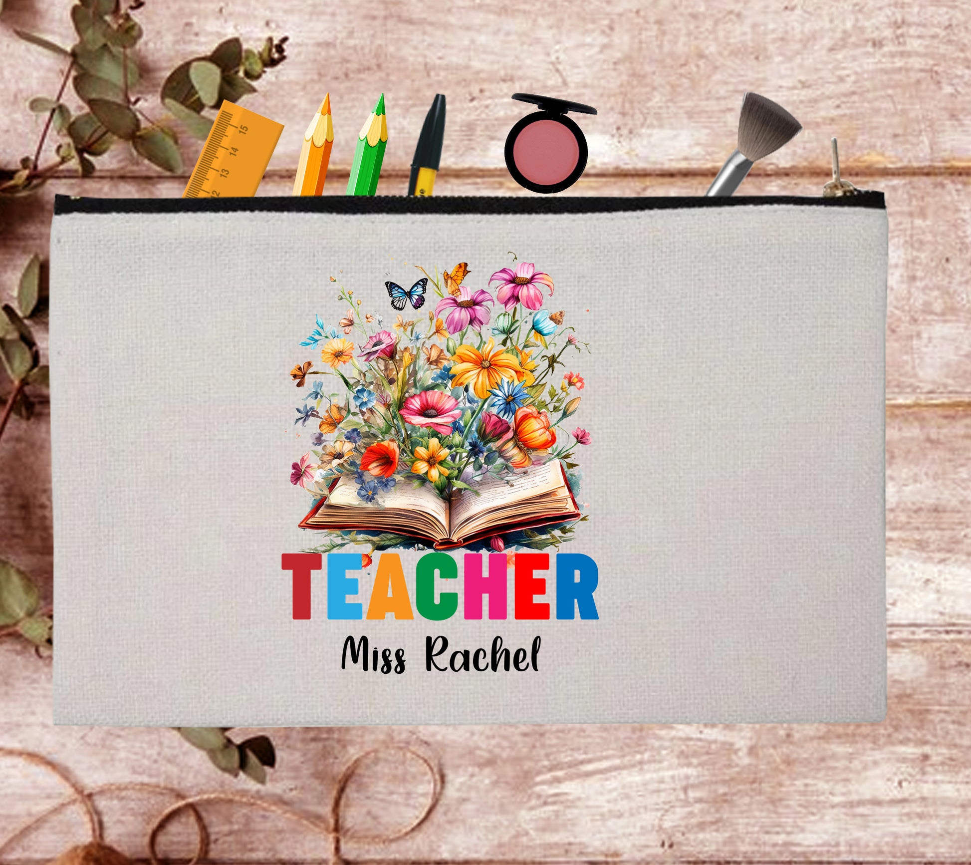 Floral Books Lover Custom Teacher Appreciation Pouch Bag Pencil Case