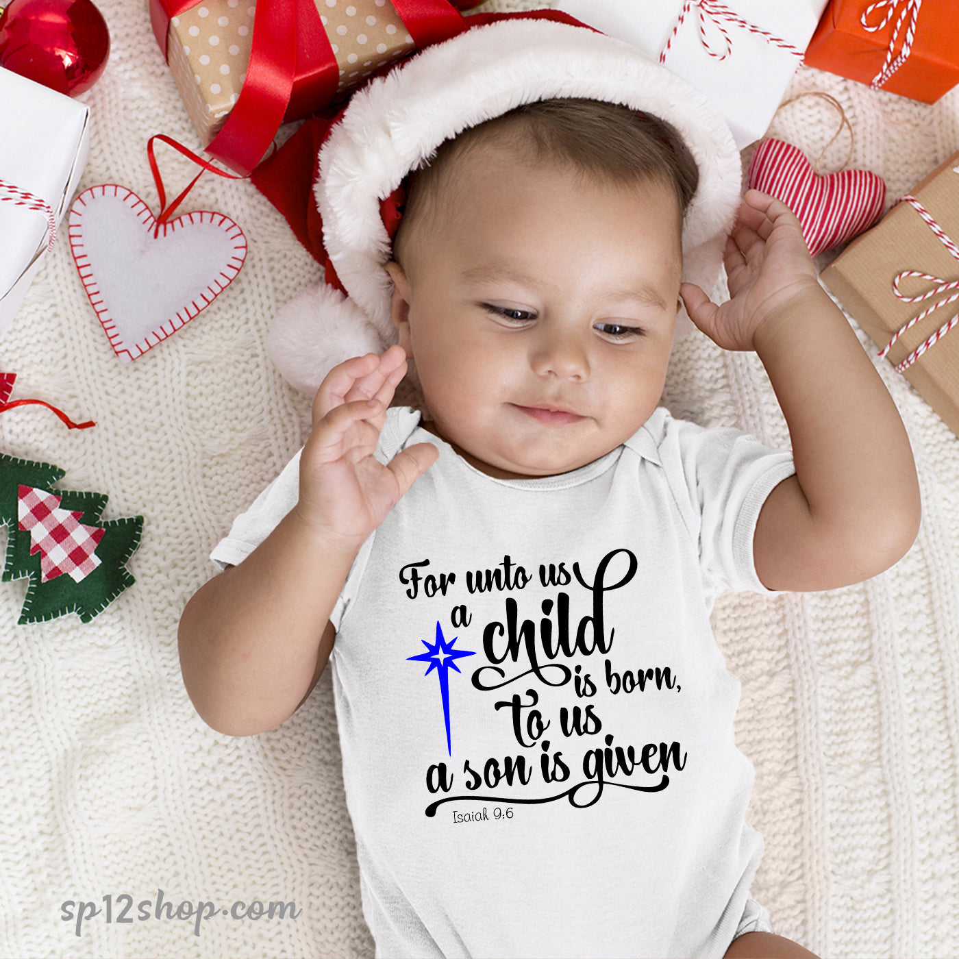 Child Is Born to us Christmas Bible Verse Baby Bodysuit