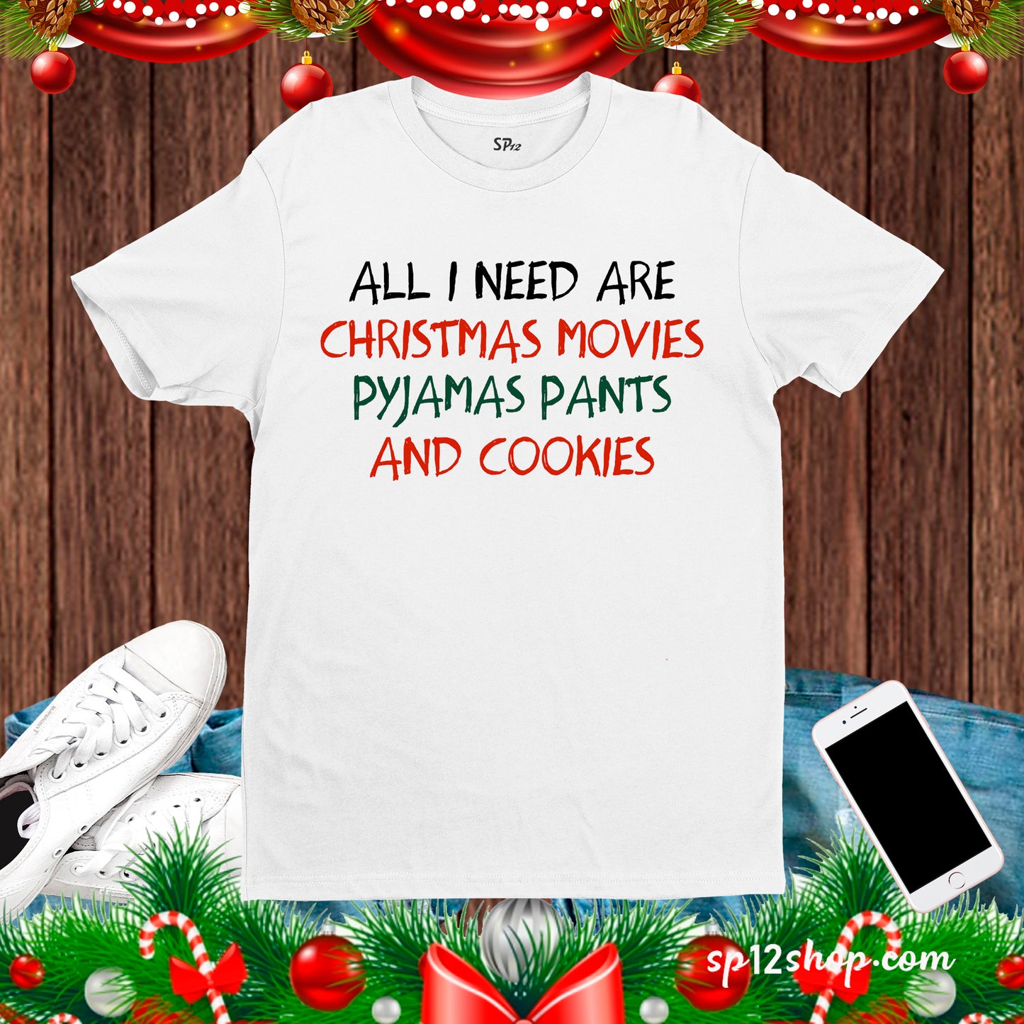 Christmas Movies Pyjamas Pants and Cookies T Shirt