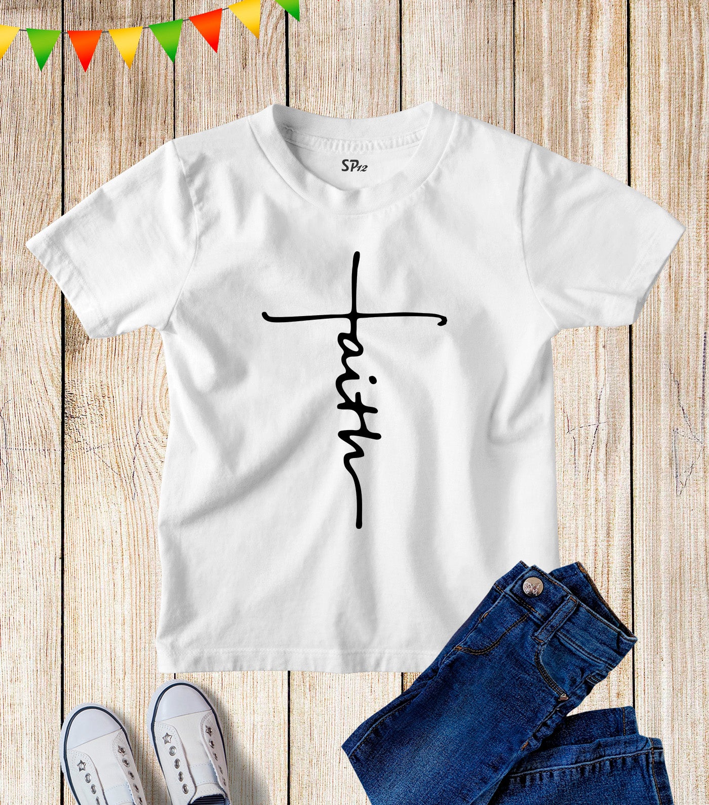 Faith Kids T Shirt Cross christian Jesus religious bible Tee