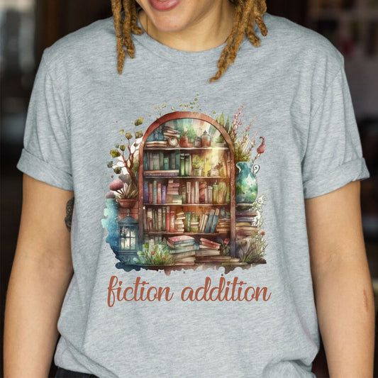 Fiction Addition Book Shelf Reading Funny Bookworm Teachers T-Shirt