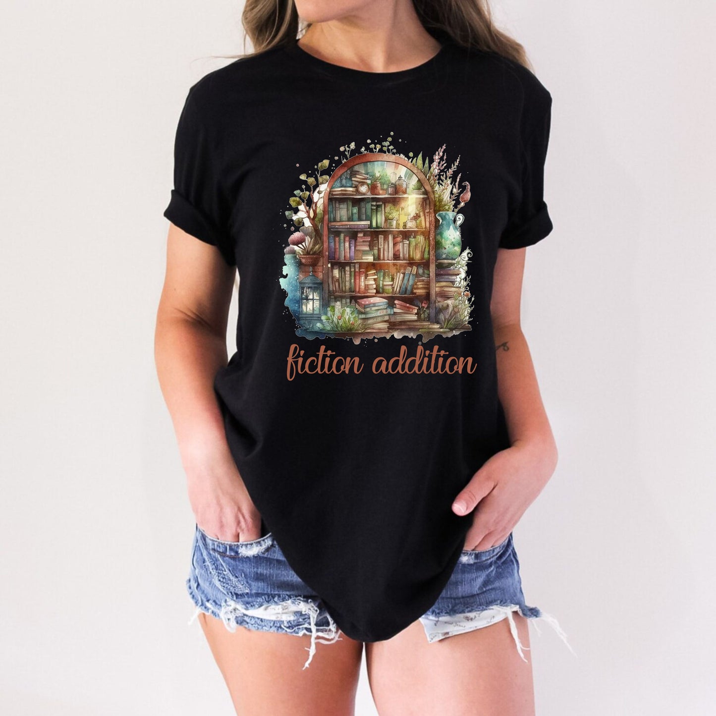 Fiction Addition Book Shelf Reading Funny Bookworm Teachers T-Shirt