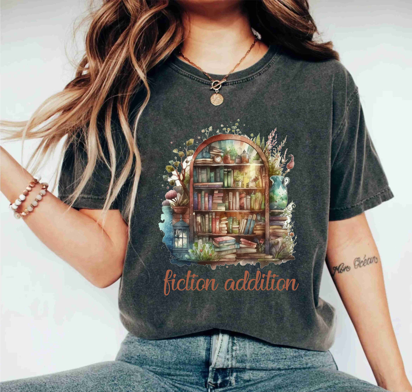 Fiction Addition Book Shelf Reading Funny Bookworm Teachers T-Shirt