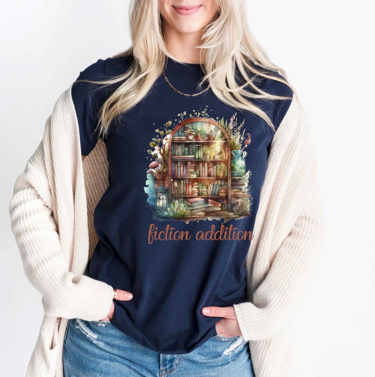 Fiction Addition Book Shelf Reading Funny Bookworm Teachers T-Shirt