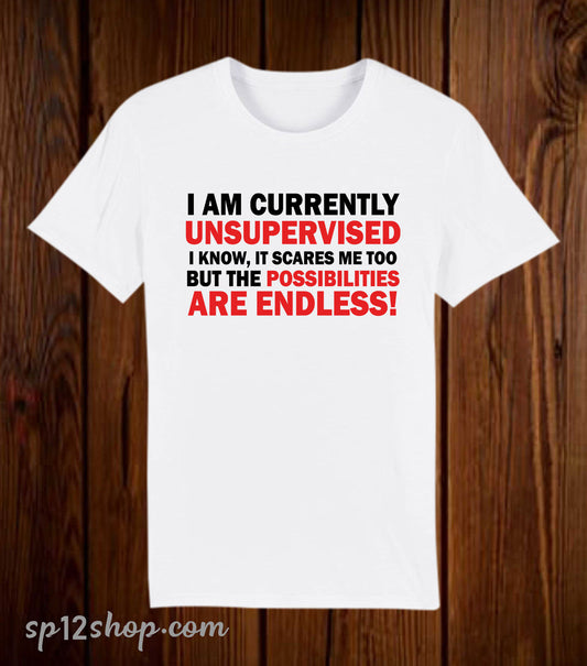 I Am Currently Unsupervised I Know It Scares Me Too But The Possibilities Are Endless Funny Slogan T Shirt