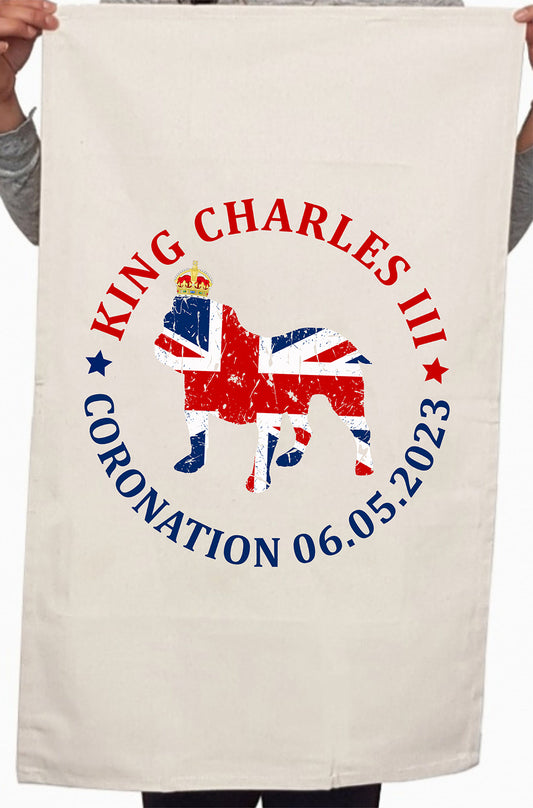 British Dog Union Jack Flag King Charles III Kitchen Table Tea Towel