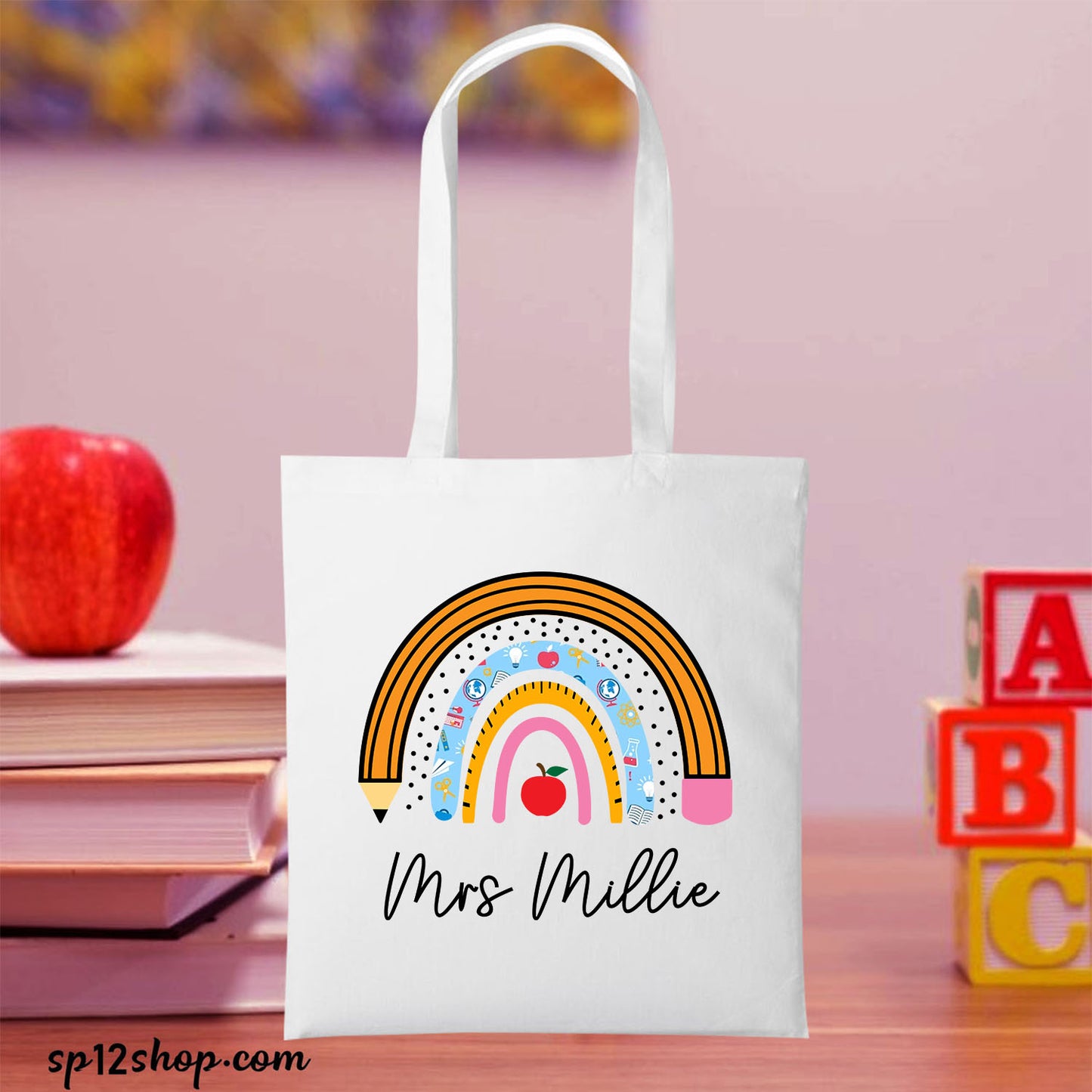 Rainbow Teacher Appreciation Gift Custom Thank You Shopping Tote Bag